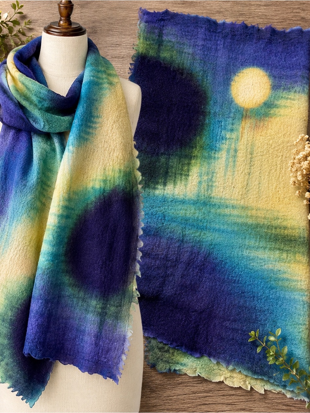 Handmade Blue, Green & Yellow Wool Wrap Scarf